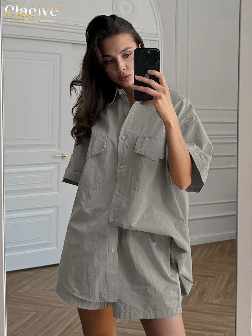 

Clacive Fashion Loose Gray Cotton Women Two Pieces Set 2025 Summer Short Sleeve Shirt With High Waist Shorts Set Female Clothing