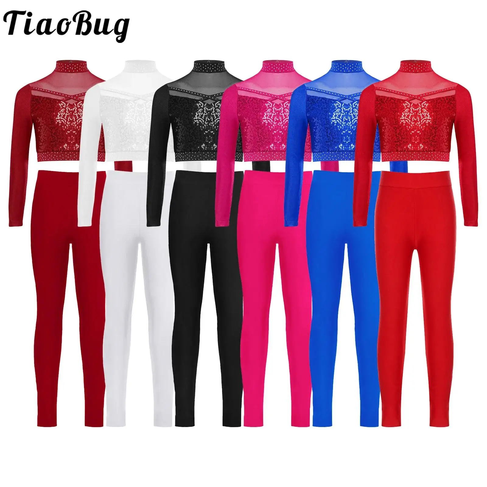 

Kids Girls Ballet Rhythmic Gymnastic Dance Performance Costume Outfit Long Sleeve Mesh Sequins Crop Top with Leggings Yoga Sets