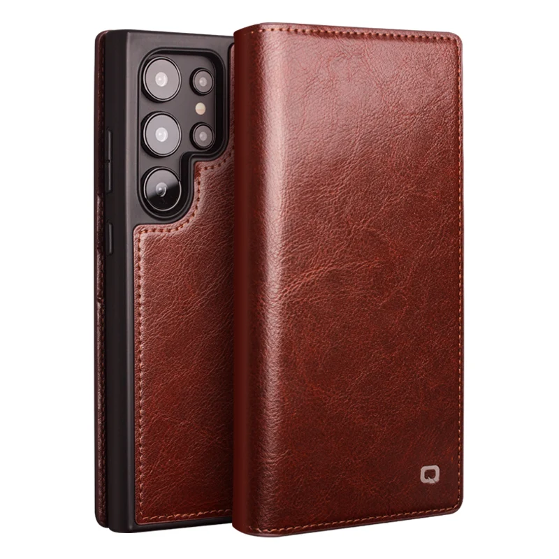 

Qialino Genuine Leather Flip Cover Phone Case For Samsung Galaxy S24 S25 Ultra S24+ Plus Full Grain Natural Cowhide Card Pocket