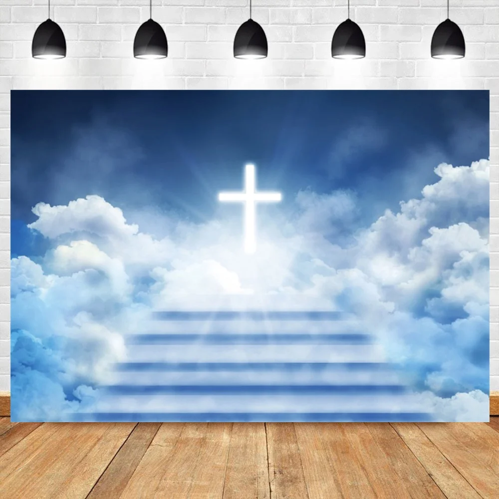 

Christian Cross Photography Background God Bless Holy Spirit Dove Easter Jesus Stairs to Heaven Blue Sky Backdrop Photo Studio