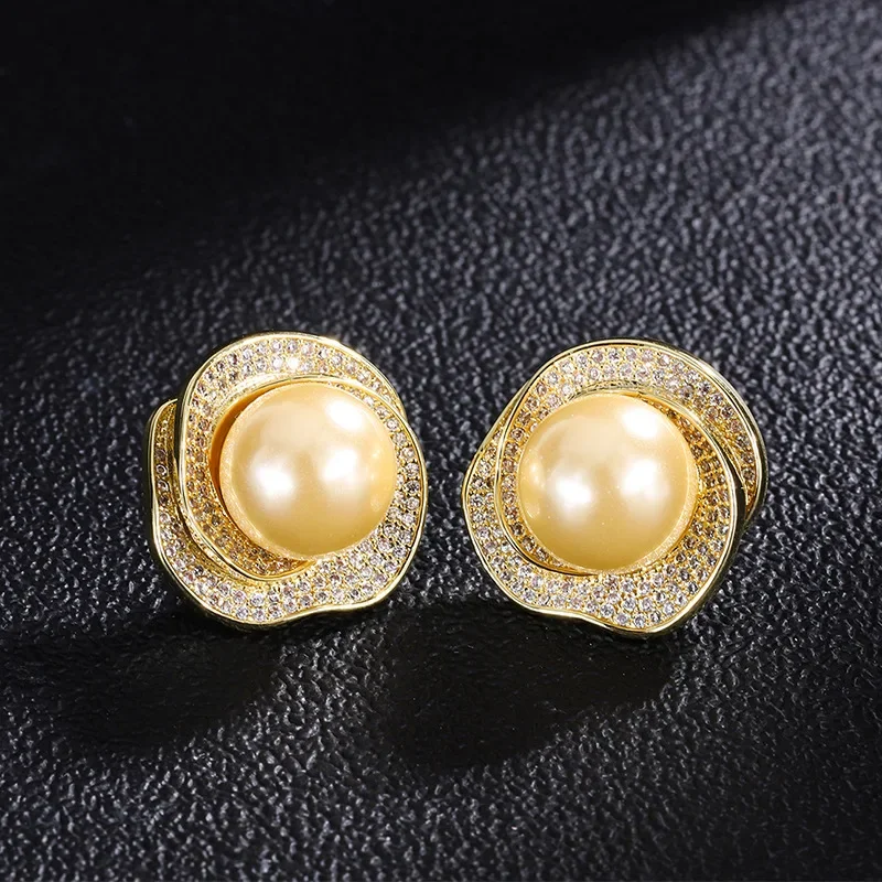 Jewelry 18k Gold Shell Beads Rose Geometric Diamond Ring Pendant Earrings Women's Fashion Set
