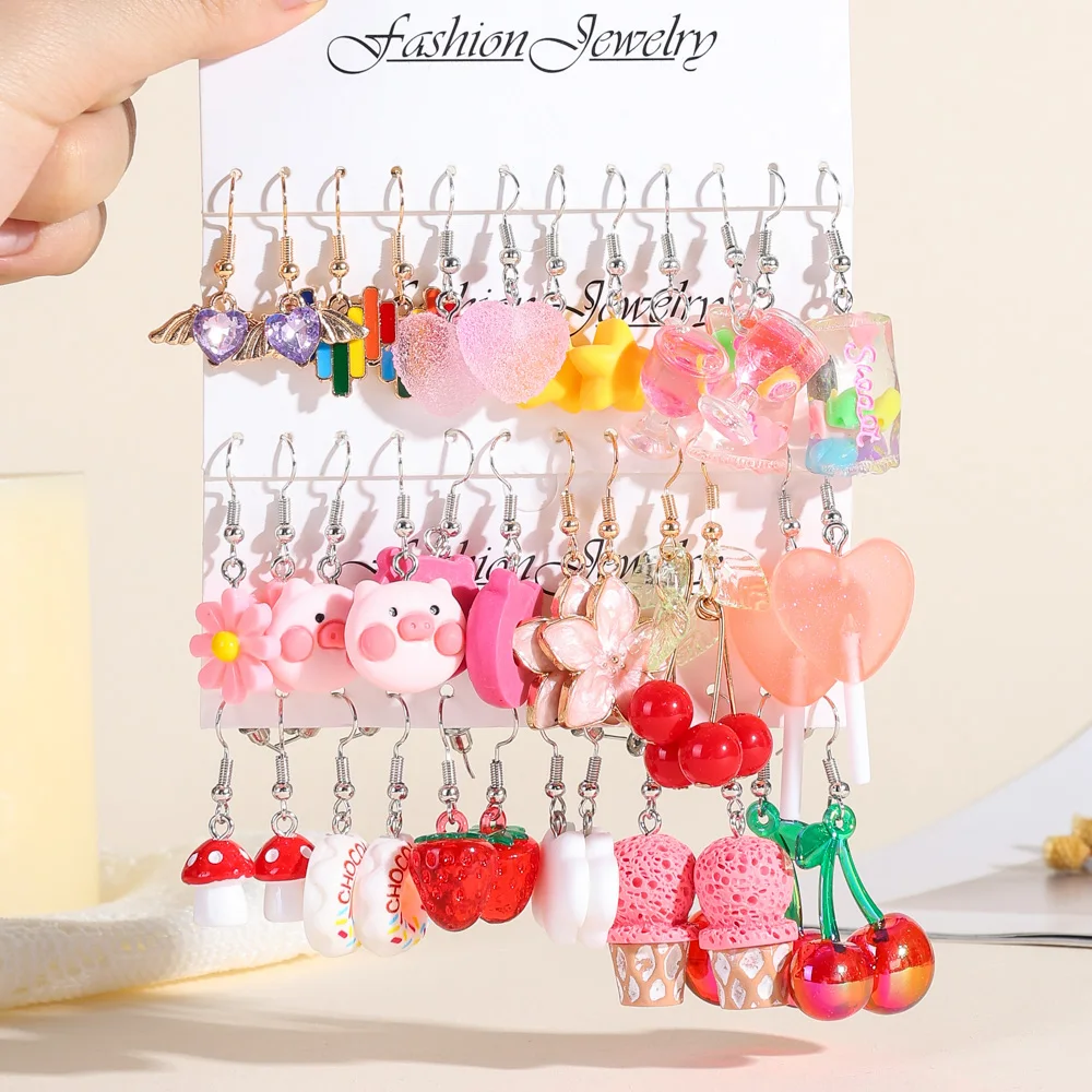 36pcs New European Cute Dopamine Resin Earrings Set Cherry Ice Cream Flower Drop Earrings