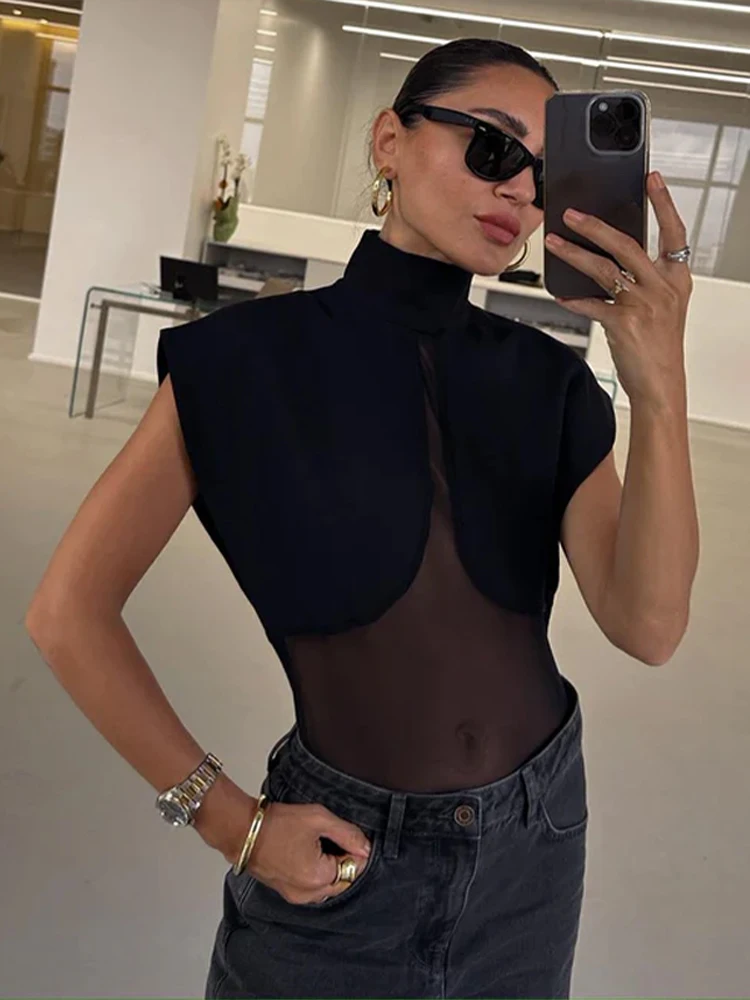 Sexy Women's Patchwork Top High Collar Short Sleeve See Through Black T-shirt Female 2026 Summer Lady All-matching Party Tops