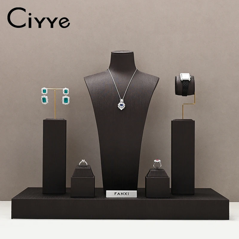 Ciyye Premium Leather Jewelry Display Stand for Ring Earring Watch Necklace Portrait Display Stand Window Photography Prop Brown