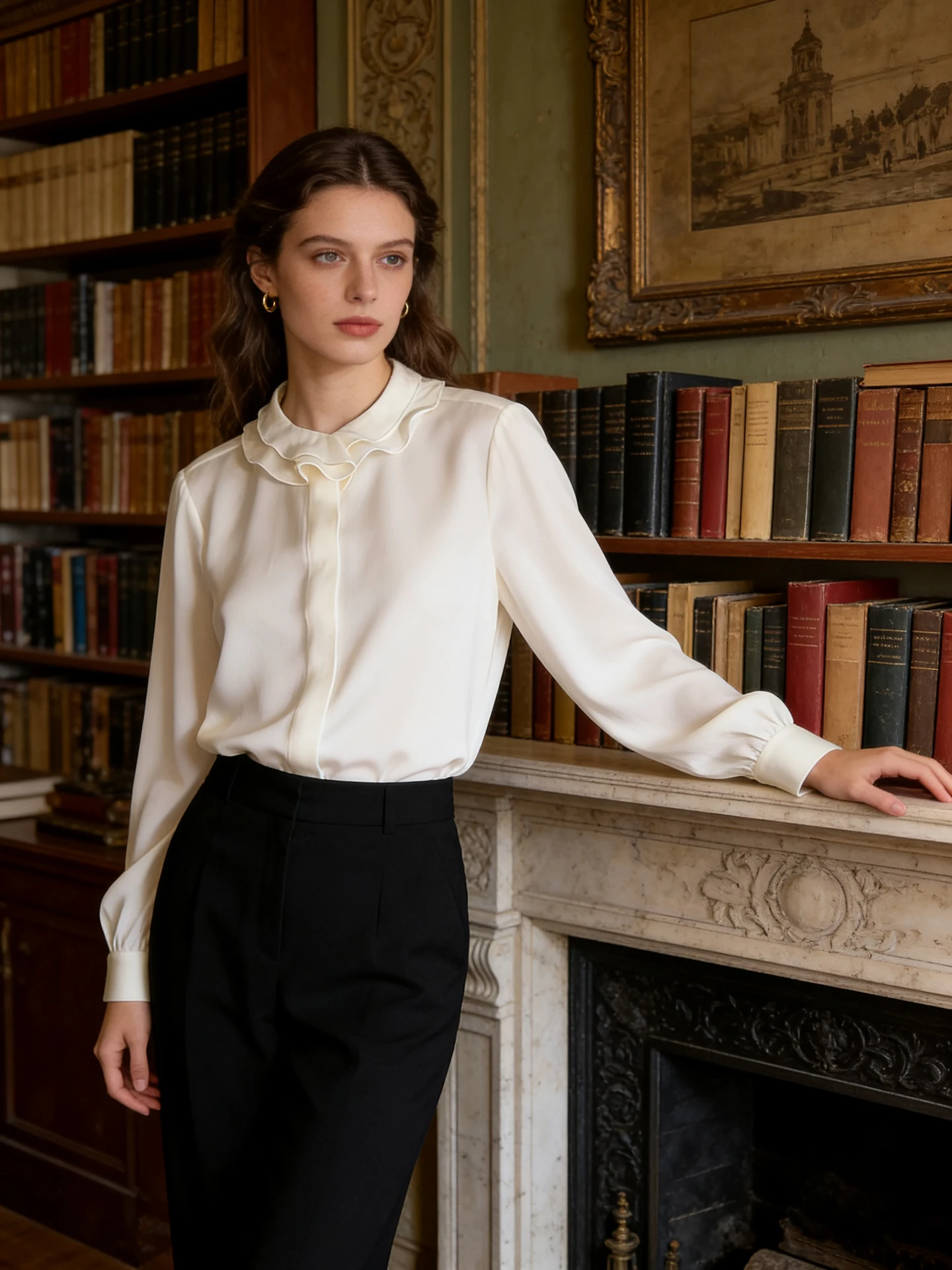 

Романтичная элегантная винтажная белая шелковая рубашка с длинным рукавом, кружевной отделкой и воротником-бутоном, из двойной марлевой ткани