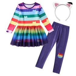 LZH Gabby's Dollhouse Girls Dresses+Pants Sets Autumn Clothes Children Cats Cosplay Costume Kids Birthday Clothing 3-10 year