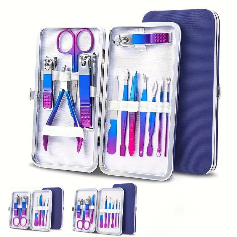 7-15 Pcs Blue-pink Gradient Nail Clipper Set High-quality Manicure Set Nail Scissors Cutters Tools Pedicure Kit Suit in Case