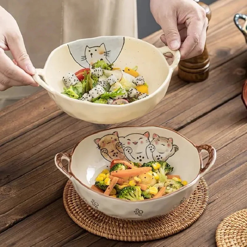 7.5inch Japanese Household Noodle Bowl Ceramic Soup Bowl With Handle Salad Pasta Bowl Kitchen Tableware Microwave Oven Bakware