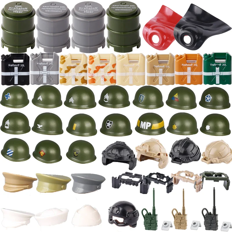 WWII Military Building Blocks Soldier Figure Accessories USA Army Helmet Belt Oil Drum Gift Boy Assembling Toy Mini Bricks DIY