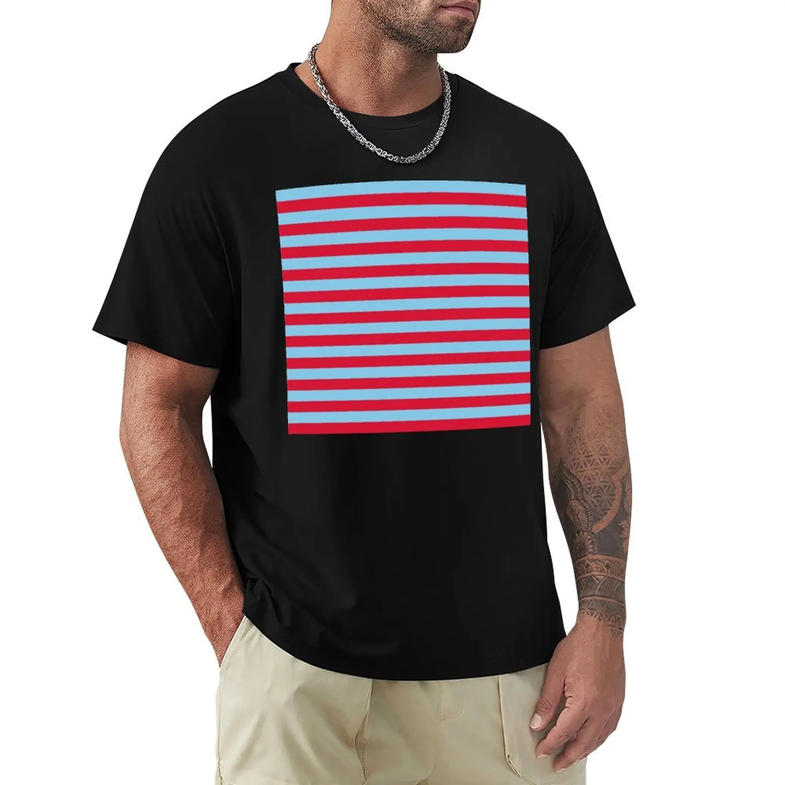 Small RED and BABY BLUE Horizontal STRIPES T-Shirt Sports Basic Short Sleeve T-Shirt