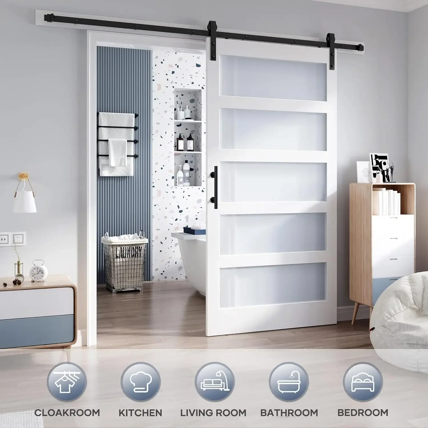 Kit de hardware incluído, 5 vidro fosco, painel de madeira LVL coberto com água branca-