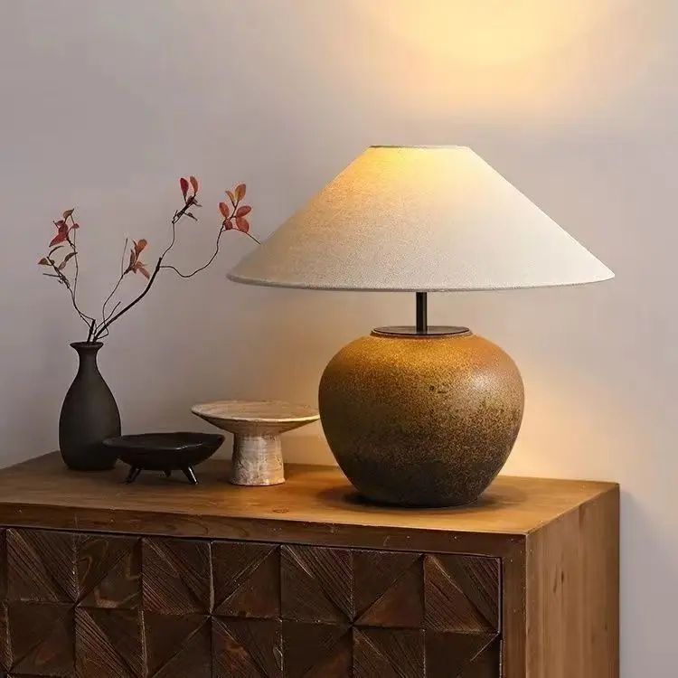 Soil pottery table lamp Chinese rough ceramic living room bedroom bedside lamp