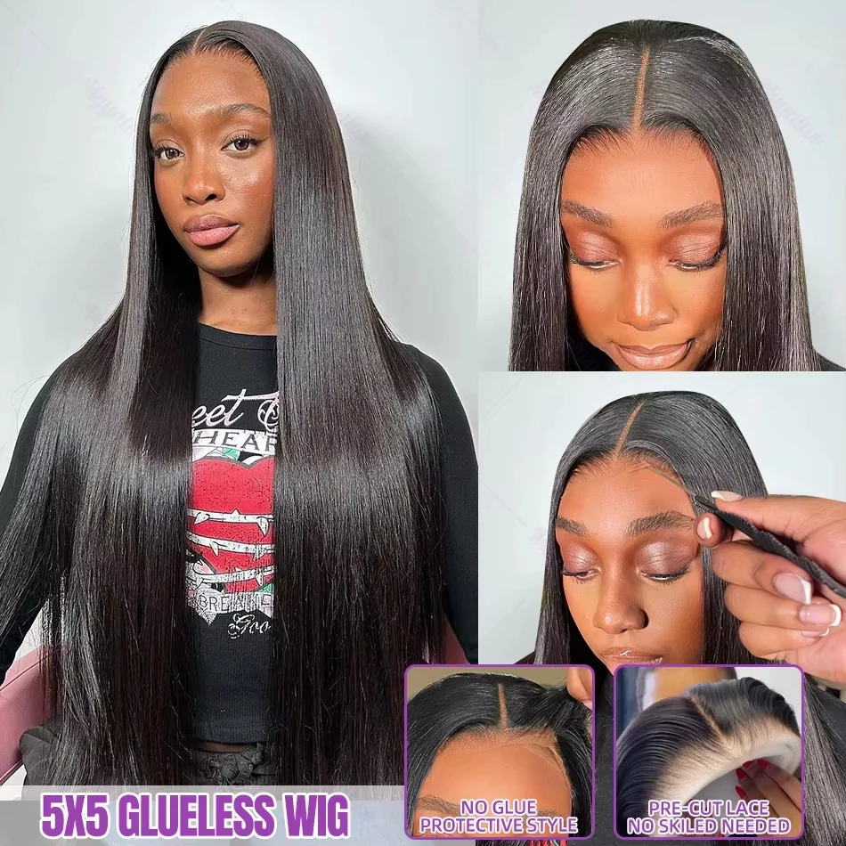 Smilegirl 24 Inches Straight Glueless Wigs Human Hair Preplucked PreCut 220 Density Drawstring 4x4 5x5 Hd Lace Front Wig Wear And Go Natural Color image 4