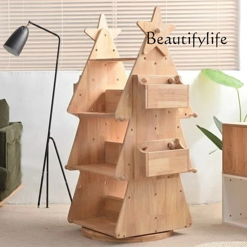 X Children's Bookshelf, Picture Book Rack, All Solid Wood Storage, Learning Multi-layer Log Color, Solid Wood Rotating Bookcase