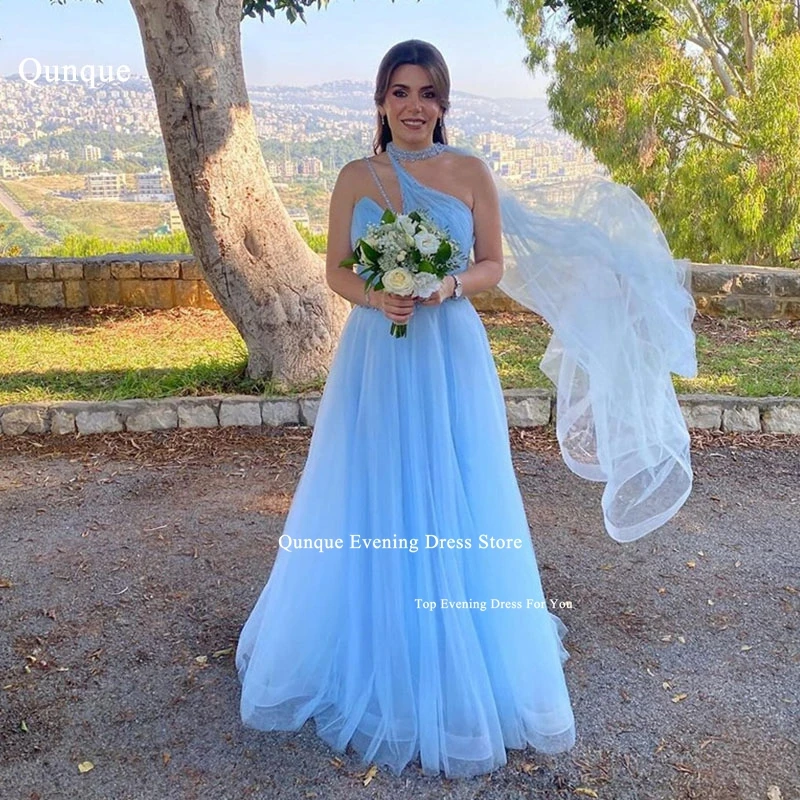 

Qunque Sky Blue Pleat Evening Dresses 2024 Gala One Shoulder Sleeveless A Line Formal Party Dress Beadings Dinnner Event Dress