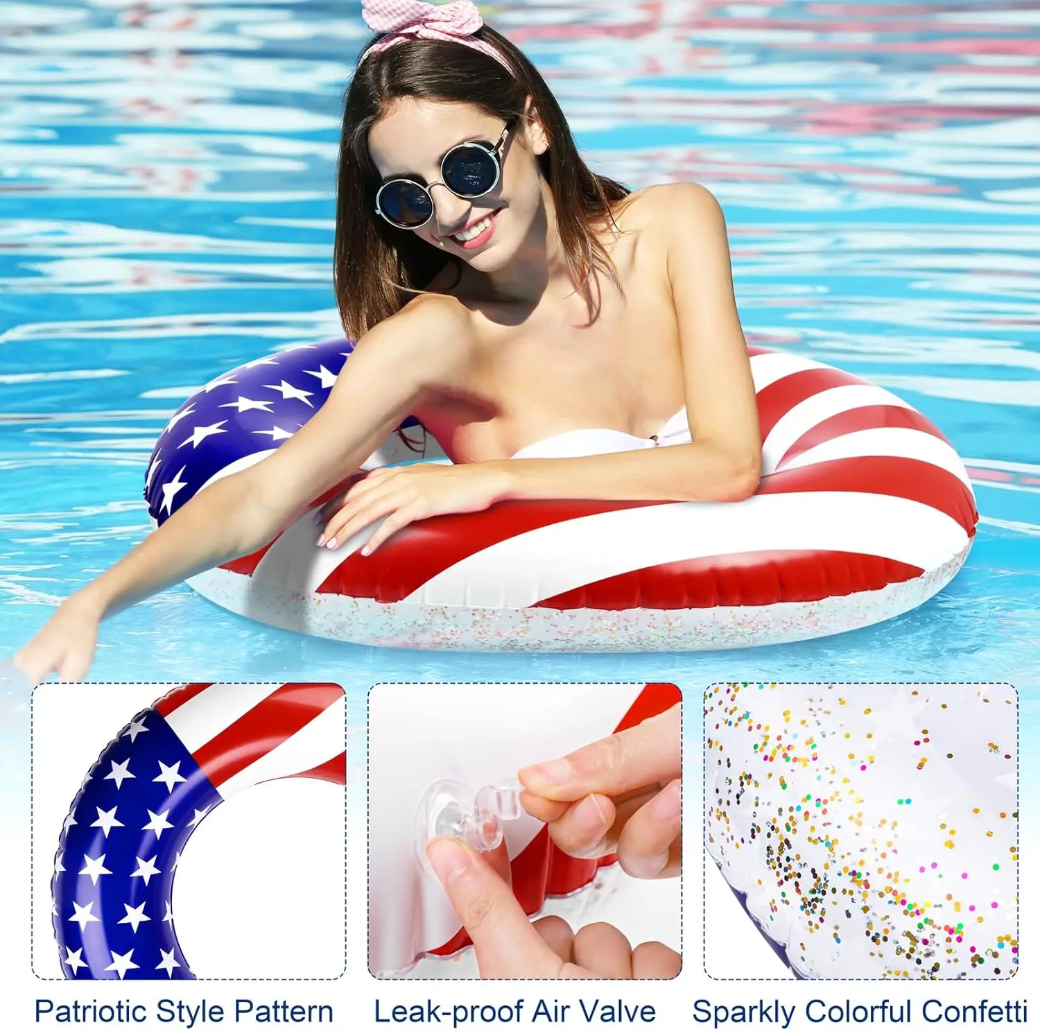2 szt. dmuchanych materacy do pływania w kształcie USA, flaga USA, kółka do pływania wypełnione brokatem srebrnych gwiazdek i konfetti, 91 cm, patriotyczne zabawki