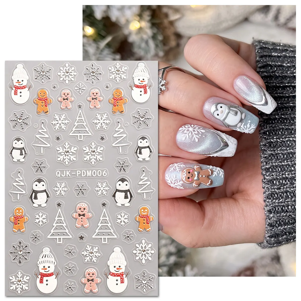 2/3Pcs 5D Embossed Christmas Nail Stickers, Red White Snowman Gingerbread Snowflake Decals, Multicolor Nail Supplies