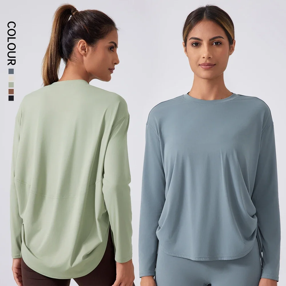 Back Action Relaxed Fit Boatneck T-Shirt Soft Oversize Yoga Long Sleeve Running Shirt Long Length Keeps Bum and Hips Covered