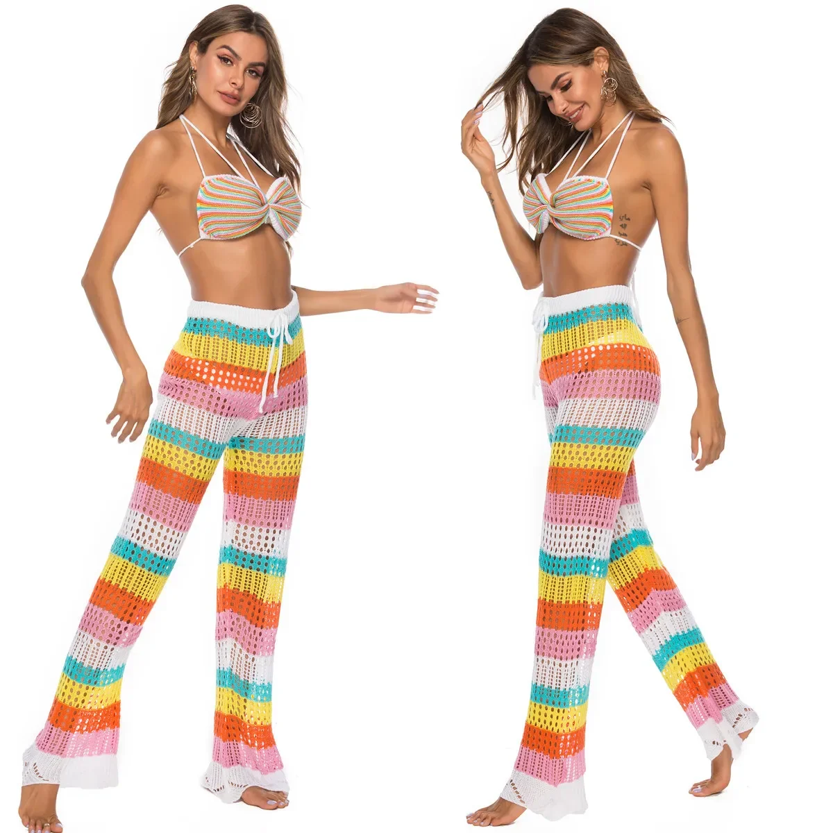 Rainbow Colors Knitted Baggy Pants Women Beach Knit Hollow Out Pants See-through Wide-legged Pants Sexy Festive Vacation Trouser