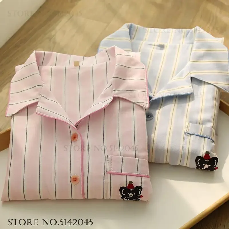 

Хлопковые брючные пижамные костюмы с короткими рукавами, весна-лето, одежда для сна для пар, одежда для дома, свободная пижама с мультяшной вышивкой, домашняя одежда