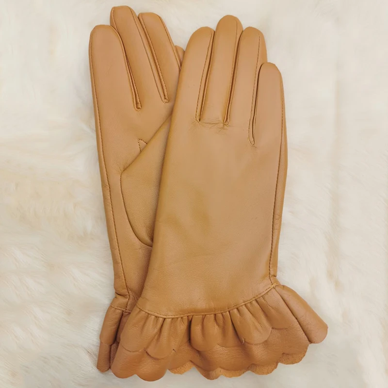 Real Sheepskin Touch Screen Gloves For Women Winter Warm Wave Cut New Driving  Female Color Leather Gloves New high-end 2022