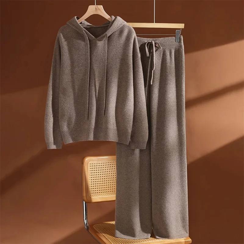 Women's 100% Wool Hooded Pullovers Wide Leg Pants Set Thick Casual Knitwear Autumn Winter Pure Wool Knit Sweater Trousers Suit