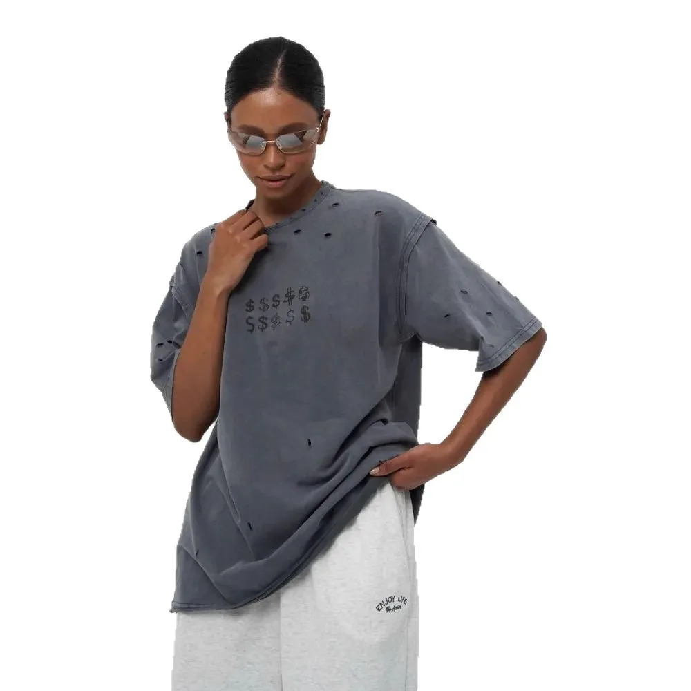 Americano retro velho solto em torno do pescoço mangas curtas verão nova personalidade moda corte lavado impresso camisetas topos