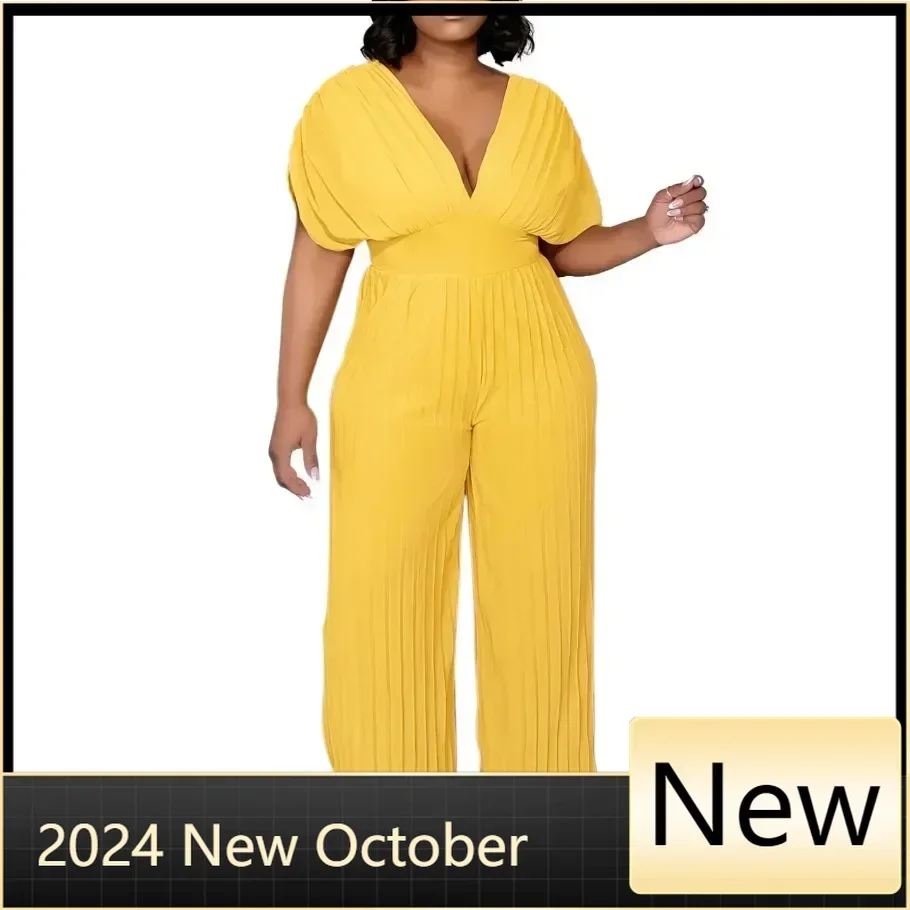 

Customized African Clothes for Women Autumn Fashion African Short Sleeve V-neck Polyester Party Evening Pleat Long Jumpsuit Outf