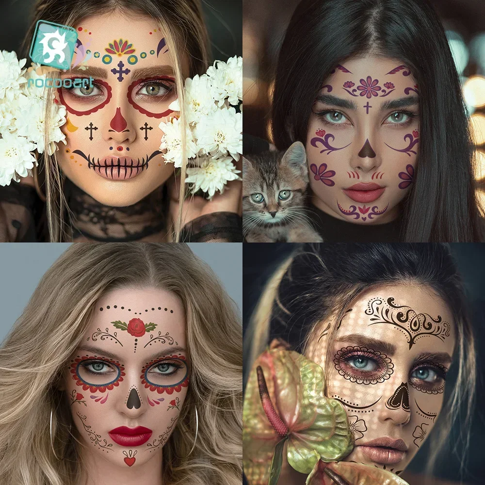 Heallor 1pcs Face Tattoo Sticker Day of The Dead Funny Halloween Temporary  Make Up Body Art Face Sticker for Festival Masquerad