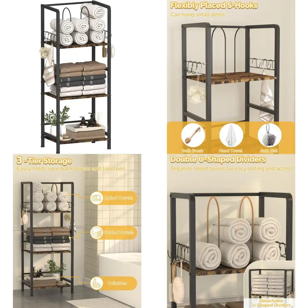 

Отдельно стоящие вешалки для полотенец для ванной комнаты со съемными перегородками U-образной формы, 3-х уровневая напольная подставка для полотенец с полкой и 8 S-образными крючками