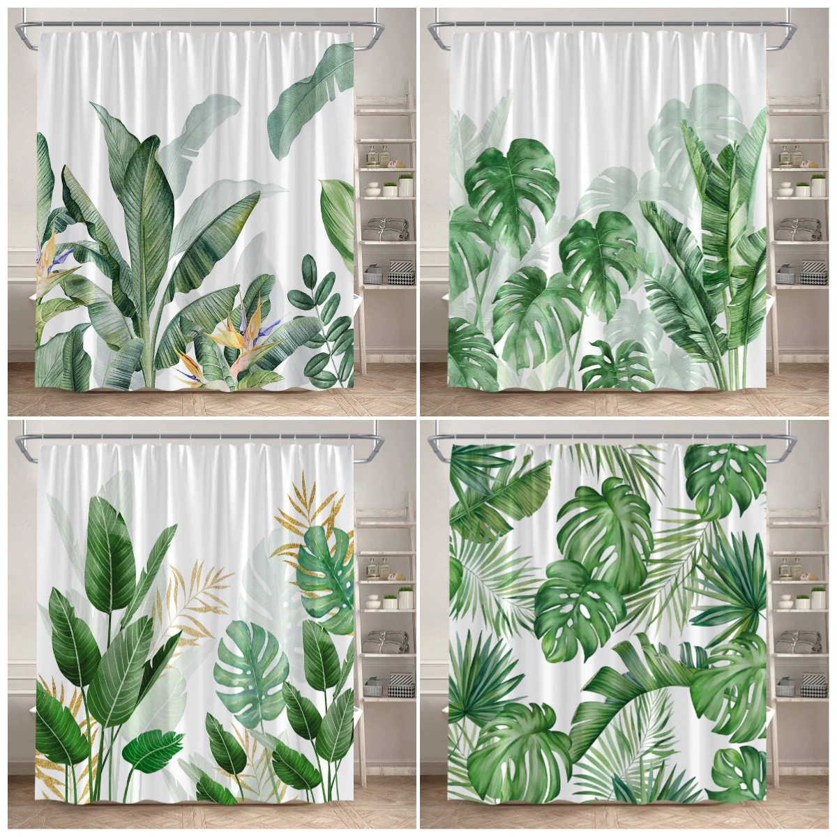 Tropical Leaves Shower Curtain Green Palm Leaf Monstera Plant Bath Curtains Set Polyester Fabric Home Bathroom Decor with Hooks