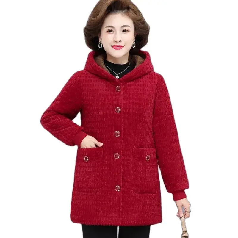 New Middle-aged Women's Parkas Basic Jackets Winter Add Velvet Lamb Hooded Coats Cotton Winter Jacket Women Mama Overcoat Tops