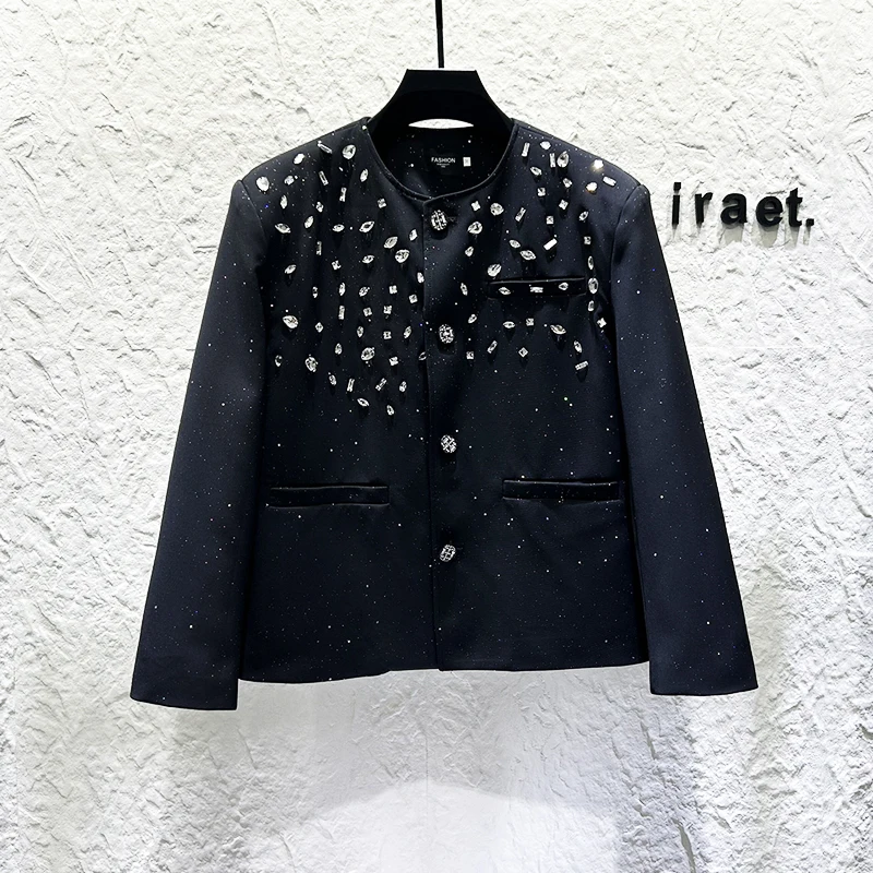 

Осенняя декоративная куртка с кристаллами и бриллиантами, мужская корейская версия, роскошные повседневные стеганые куртки с круглым вырезом, костюм для выступлений