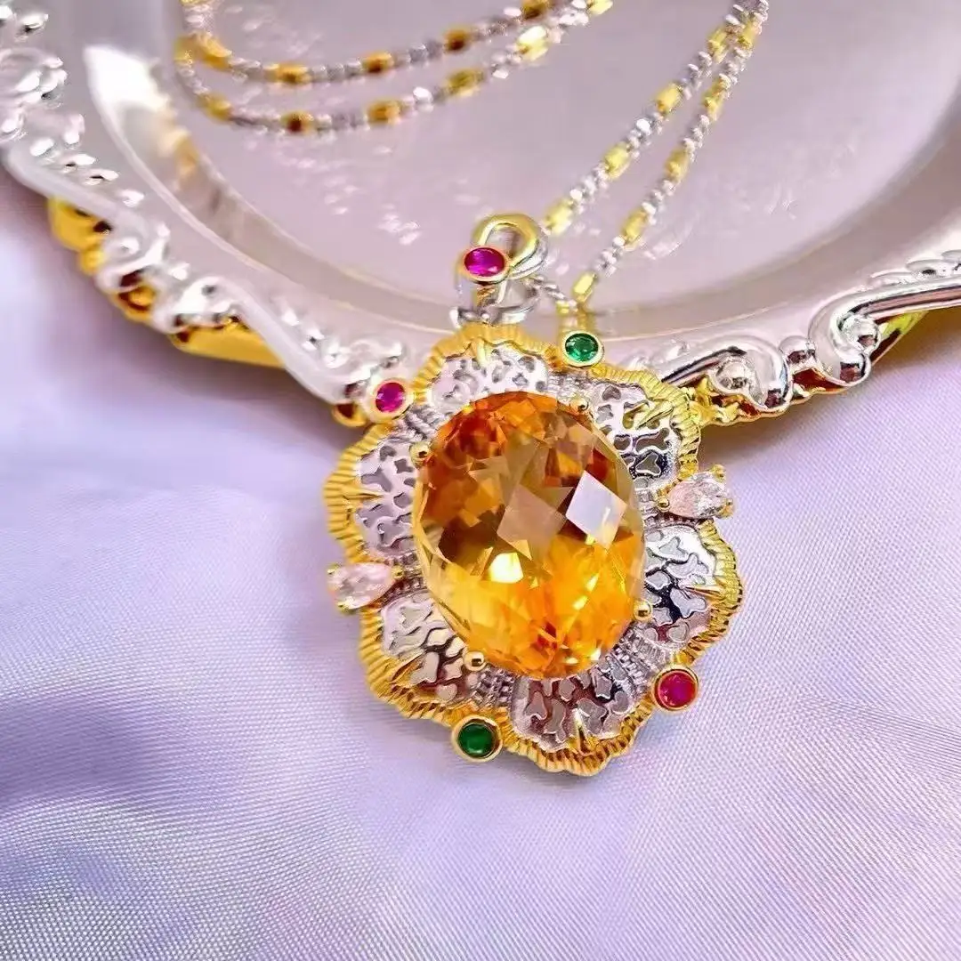 Natural Citrine Pendant 15x20mm Large Gemstone, 925 Sterling Silver Two-Tone Openwork Handmade Necklace Pendant for Women