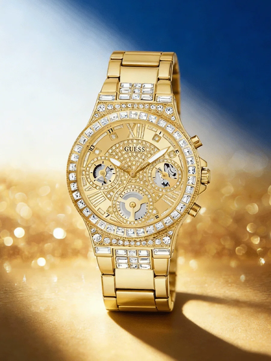 

Женские часы GUESS, кварцевые, с кристаллами, циферблат из розового золота, из нержавеющей стали, роскошные, элегантные, модные, для повседневной носки, подарок для женщин
