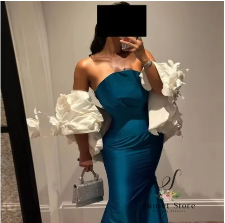 Customized Floor Length Strapless Off the Shoulder Satin Sleeveless Classic Evening Dresses Sweep Train Flowers Elegant Party Go