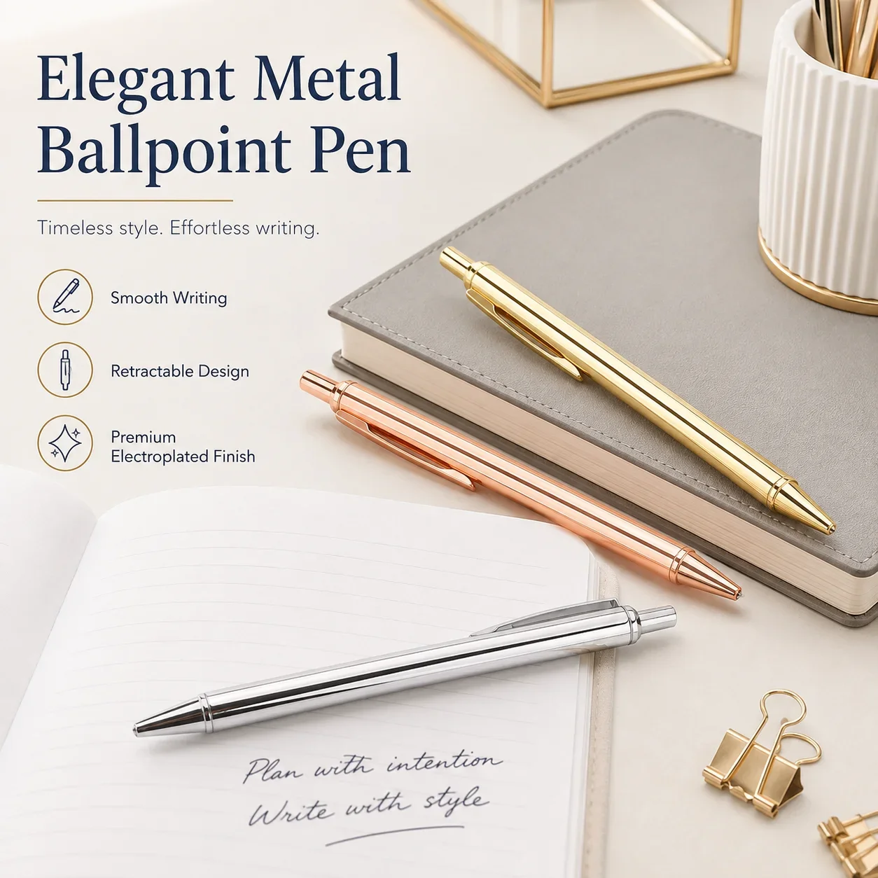 Electroplated Rose Gold Ballpoint Pen, Retractable Metal Click Pen with Smooth Writing for Business