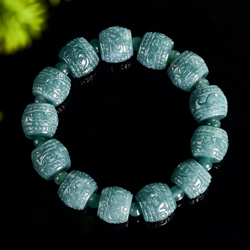 Authentic Natural A-grade Blue Water Jadeite Ancient Style Spiral Pattern Bracelet Ice Jade High-end Elegant Unisex  Drop Ship
