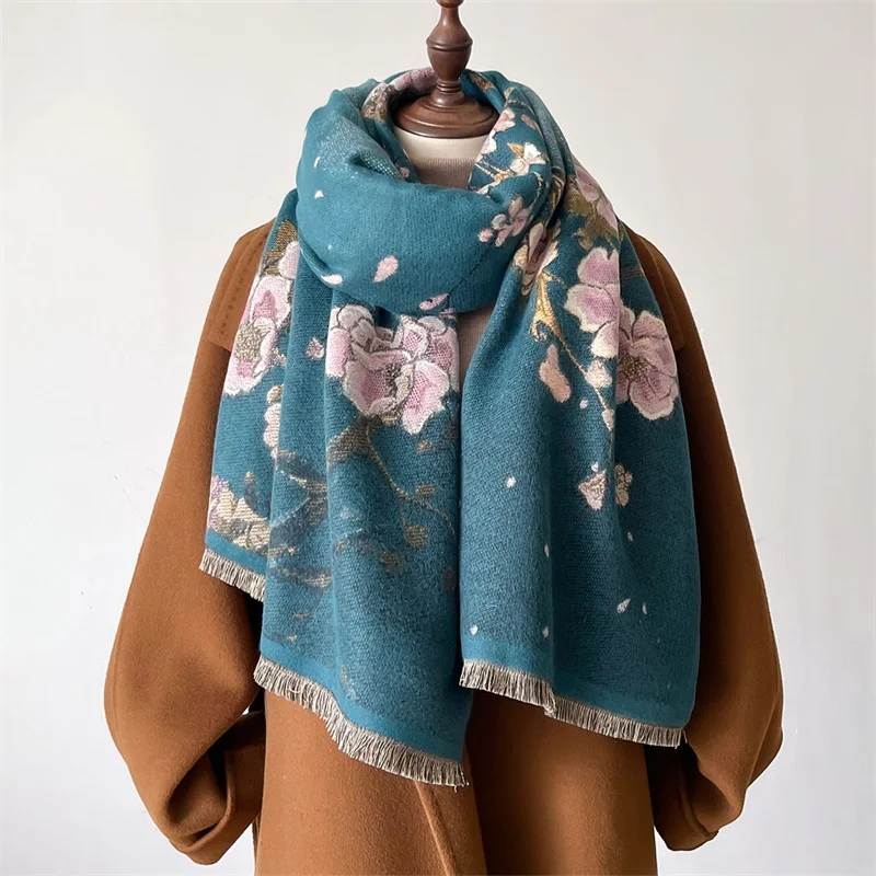 2024 Luxury Floral Print Scarf for Women Warmer Winter Cashmere Pashmina Scarves Shawls Female Thick Blanket Wraps Foulard