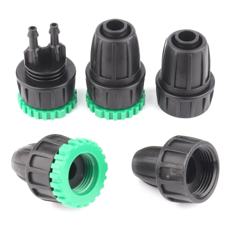 2 pcs 1/2 inch and 3/4 inch threaded PE irrigation fittings for garden hose splitting systems compatible with DIN standard tubin