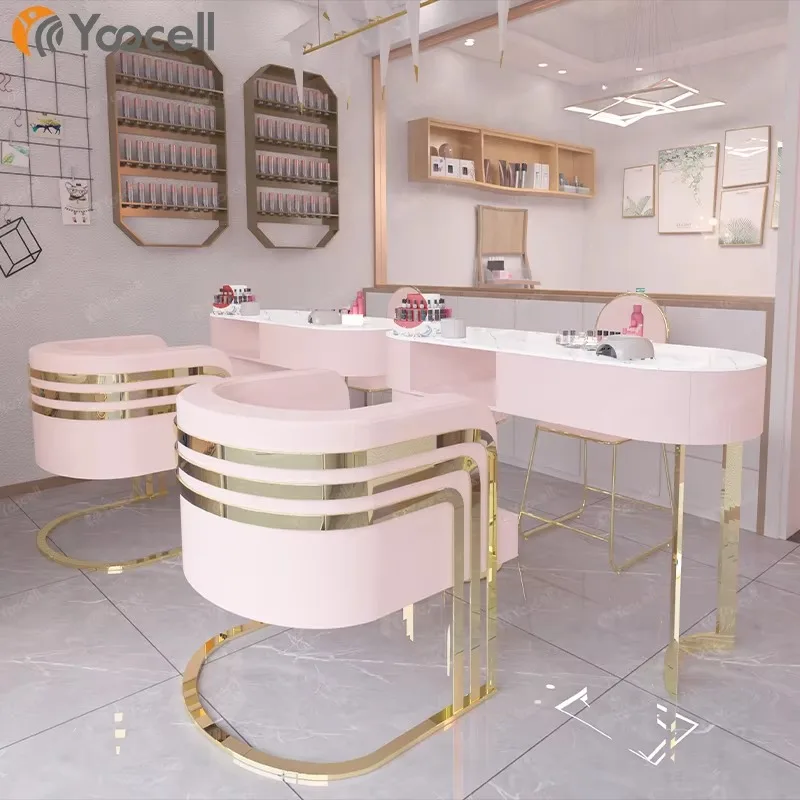 Pink Nail Table Gold Manicure Station Beauty Salon Nail bar Manicure Table