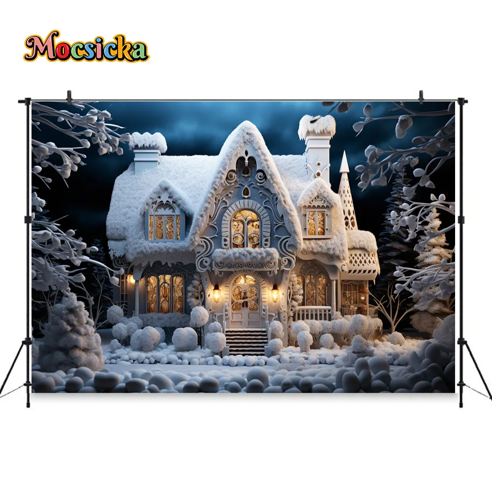 Winter Christmas Night Background Blue Fairy Tale House Snowy Decor Backdrop  for Studio Photography Children Photoshoot Props