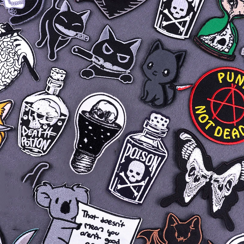 Punk Poison Bottle Skull Stickers Killer Cat Embroidered Patches On Clothes Butterfly Skeleton Iron On Patches On Clothes DIY