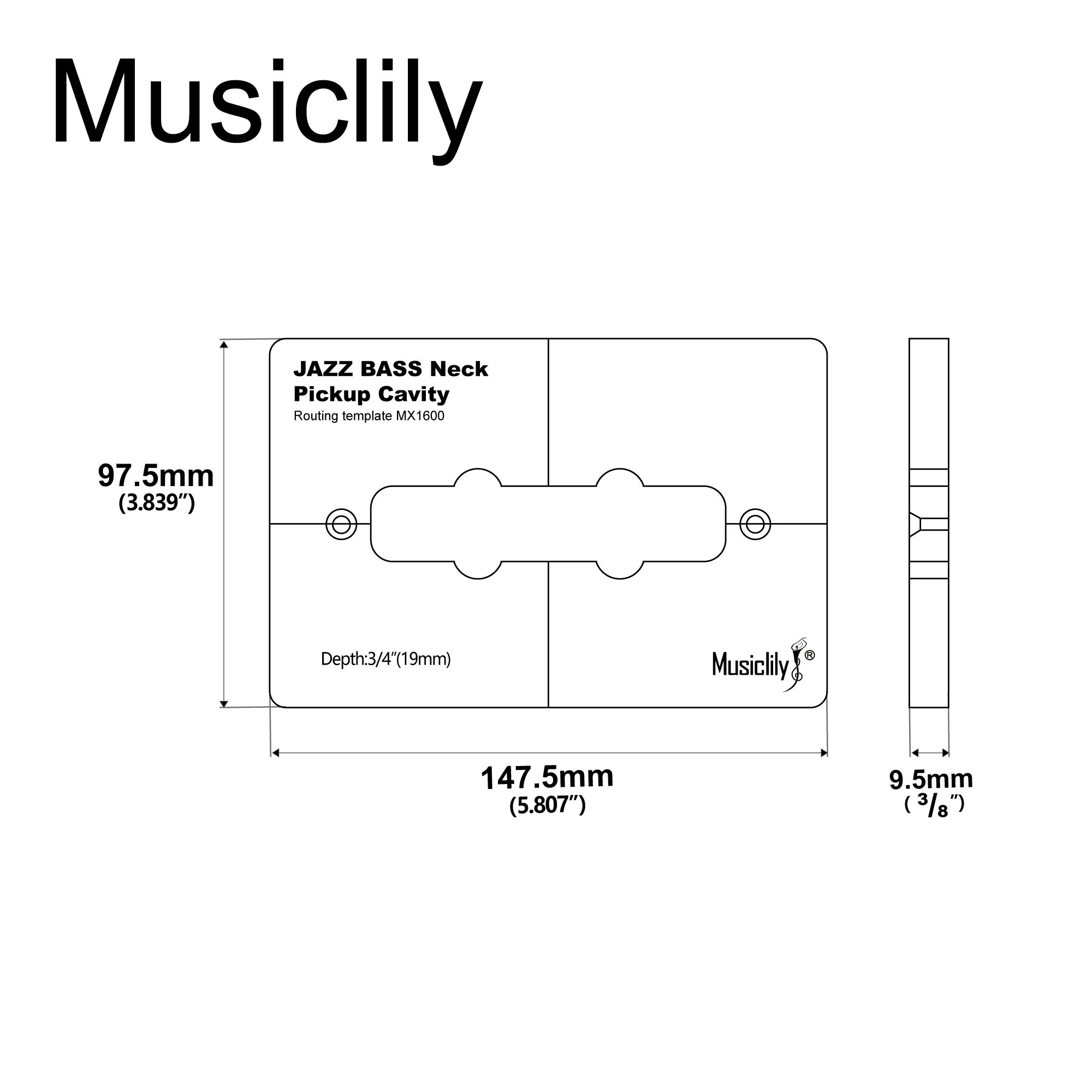 Musiclily Pro CNC Accurate Acrylic Pickup Routing Template for Standard Jazz Bass Pickup