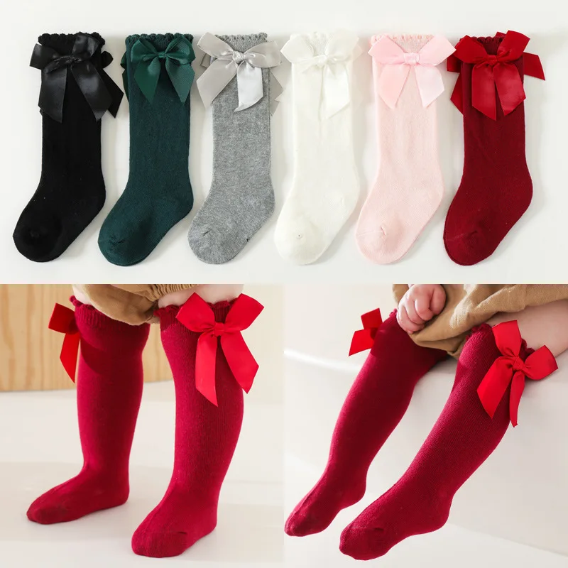 Kids Socks Toddlers Cotton Lace Baby Socks Baby Girls Big Bow Knee High Long Soft New Kids Dropshipping Girls Socks