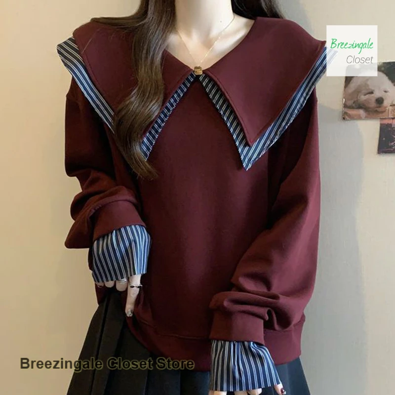 

French style college doll collar sweater women spring and autumn long sleeve fashion temperament casual loose fake two tops