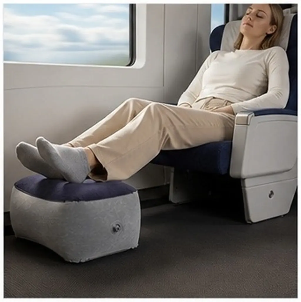 Inflatable Airplane Leg Rest Pillow Travel Footrest Foot Stool Recliner Relax Cushion Gray Blue Without Inflation Tool