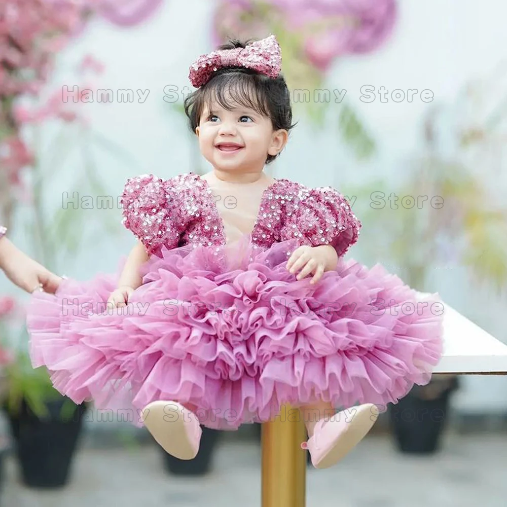 Cute Baby Girl Flower  Dresses Short Princess Sleeve V Neck Ruffles Tulle Glitter Sequin Birthday Party Gown Communion Dress