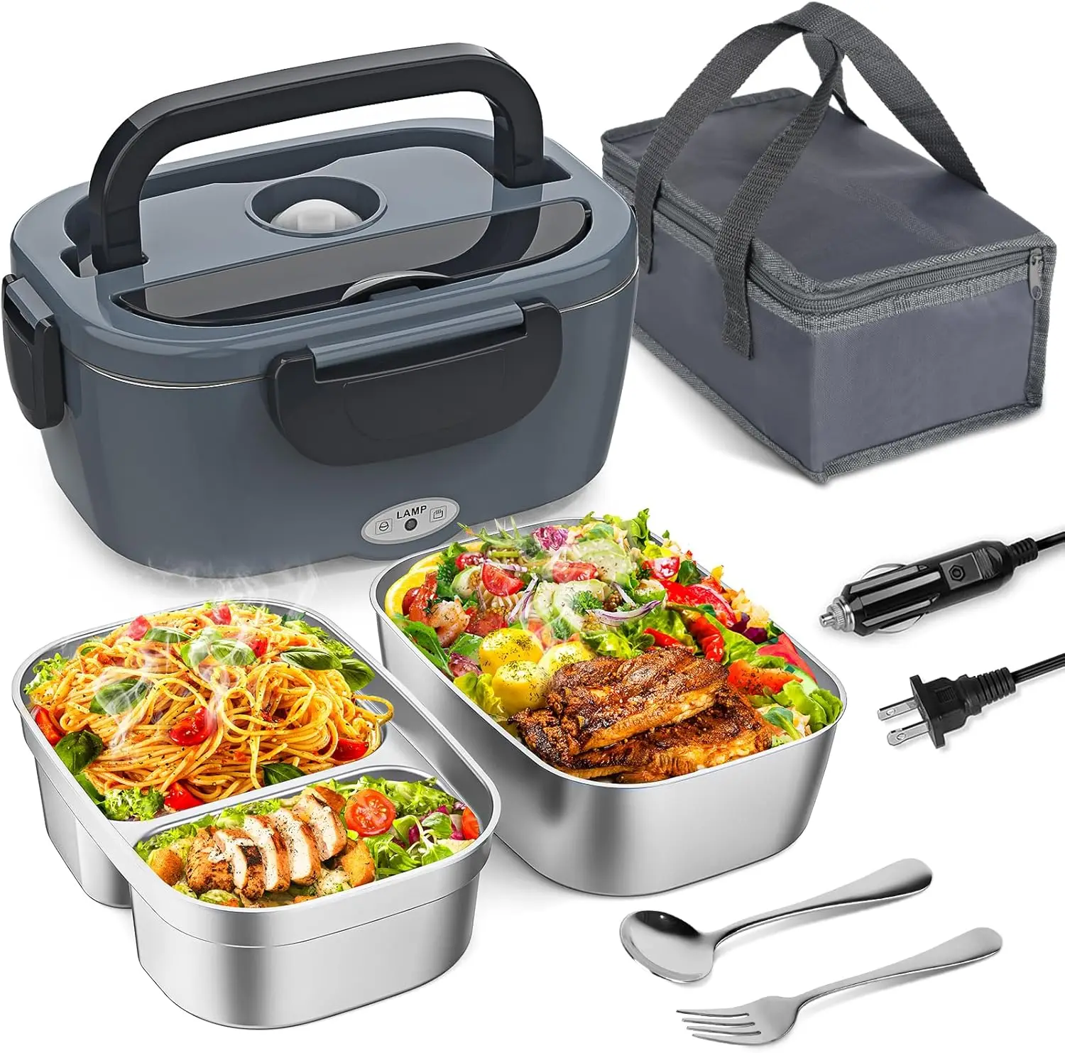 

Electric Lunch Box for Adults, 1.5L Dual Containers, Portable Food Warmer for Car/Truck, 80W Heated Lunchbox