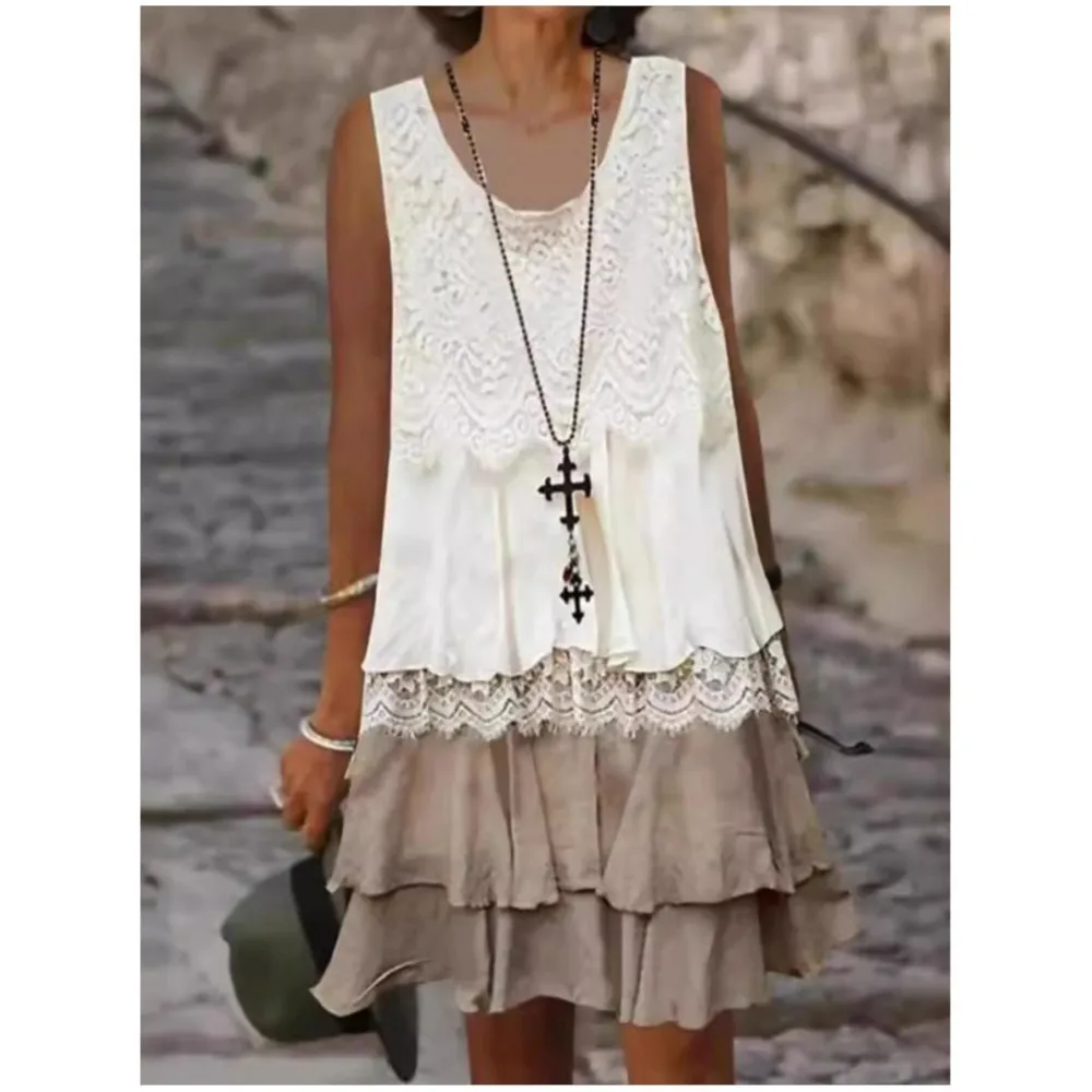 2025 nova moda feminina casual mini vestido de renda emenda dupla camada sem mangas sexy confortável colete vestidos férias de verão